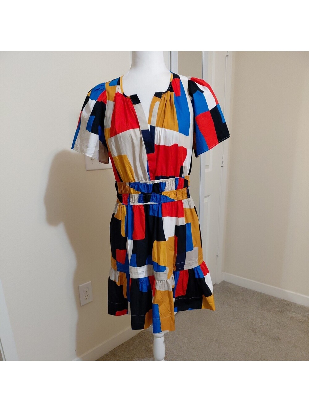 Anthropologie The Somerset Tiered Mini Dress Novelty Color Block Size XS NWT